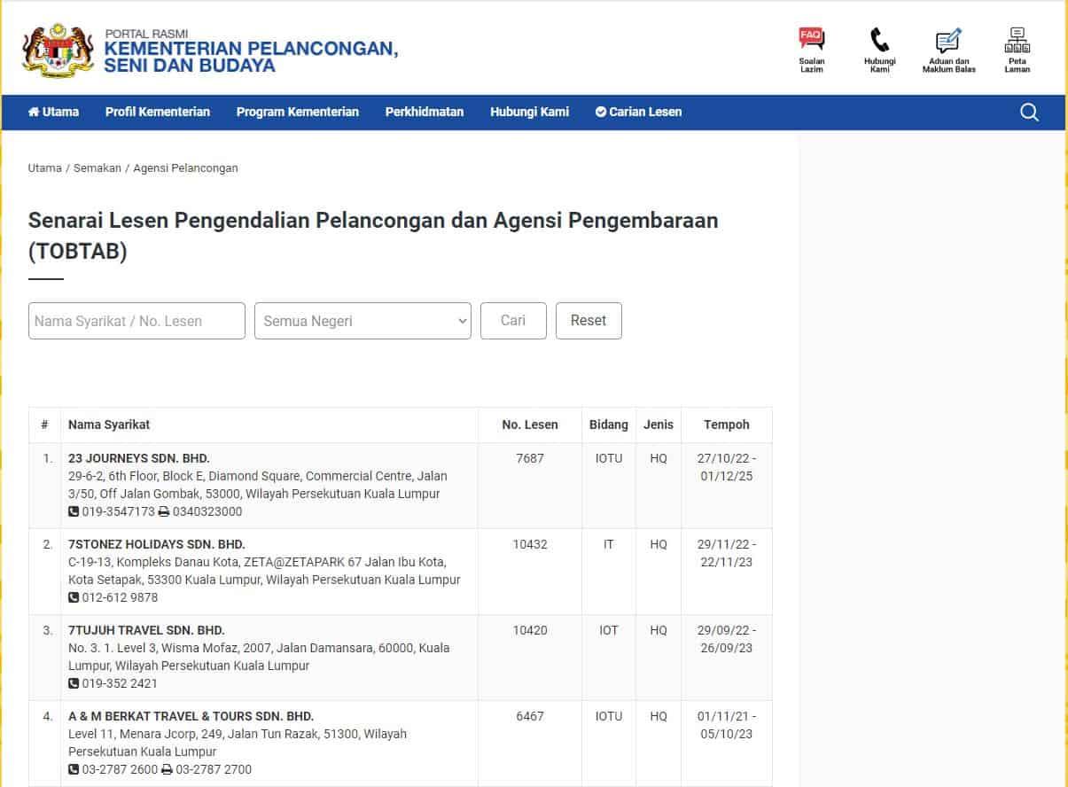 Semakan Agensi Pelancongan Berdaftar Dengan MOTAC