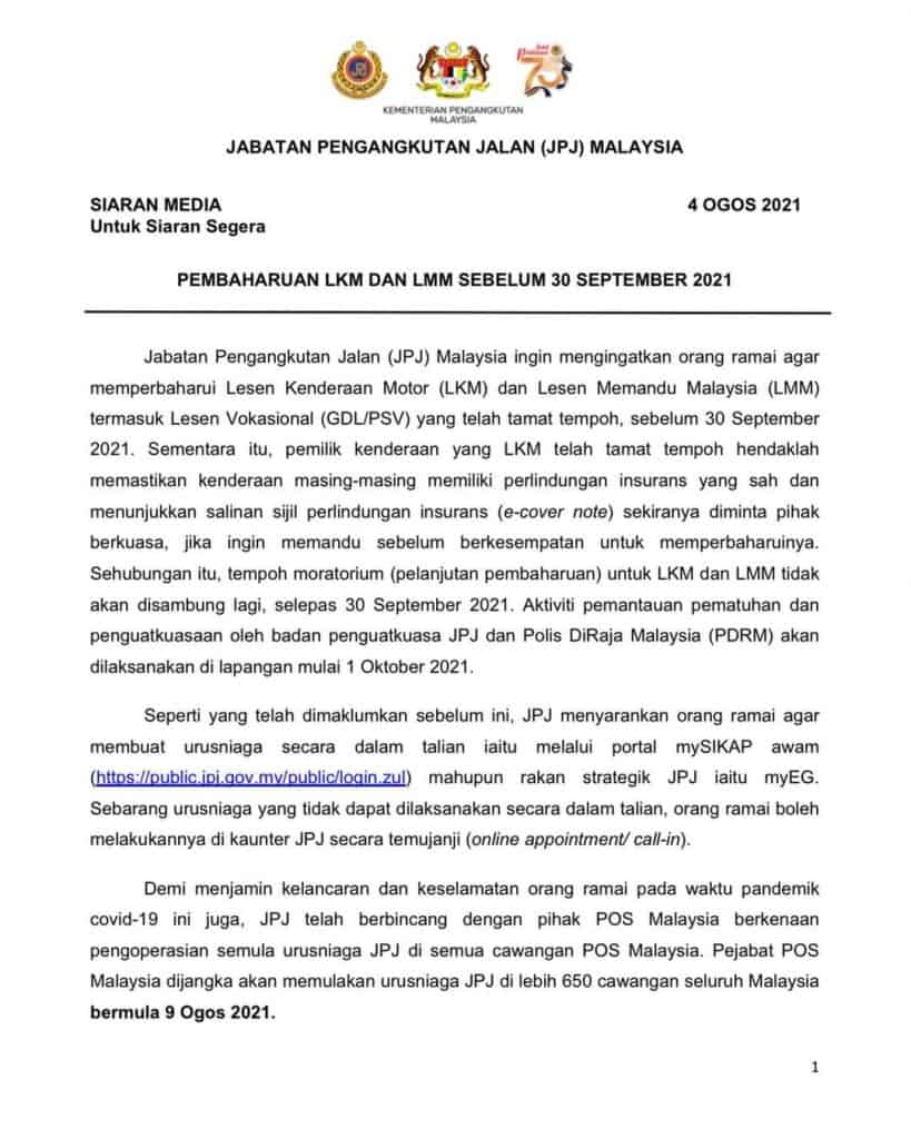 Urusan Pembaharuan Lesen Roadtax Di Pejabat Pos Mulai 9 Ogos 2021