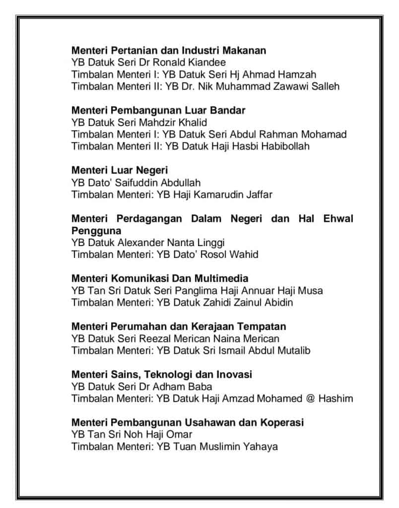 2021 kabinet malaysia Senarai Menteri