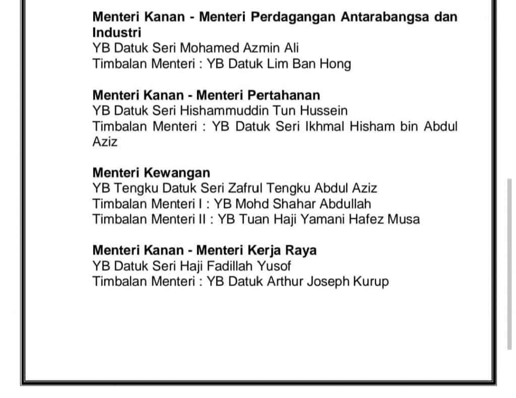 Senarai nama kabinet baru
