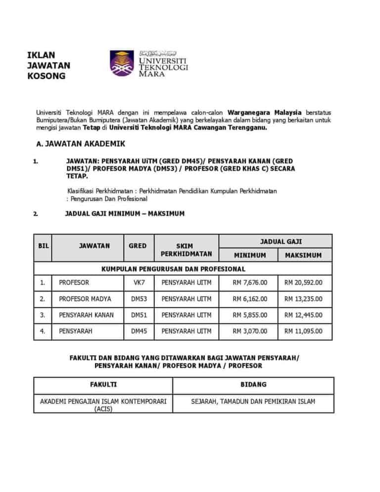 Iklan Jawatan Kosong Di UiTM Cawangan Terengganu