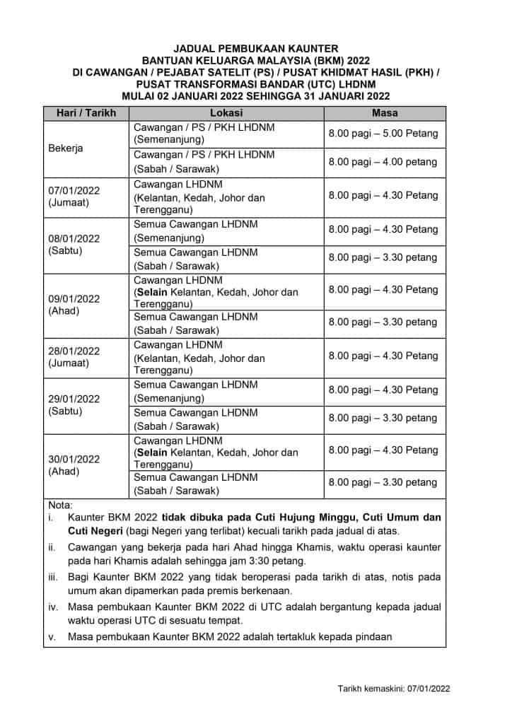 Waktu Operasi Kaunter BKM 2022 & Cawangan LHDN