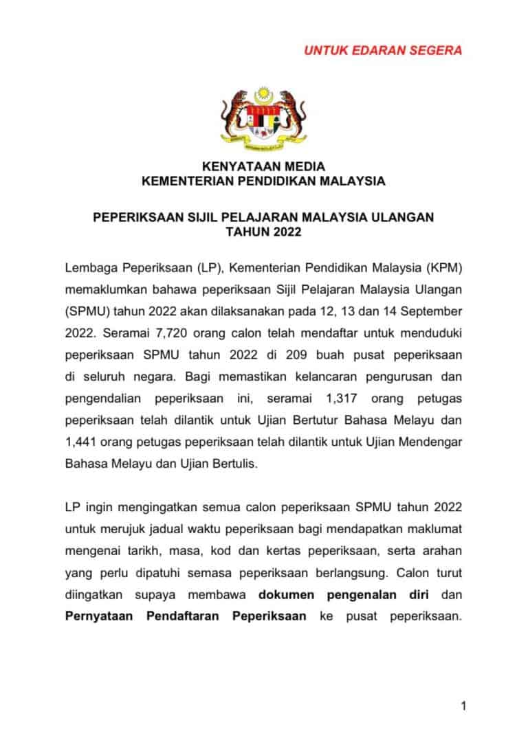 Tarikh & Jadual Peperiksaan SPMU (SPM Ulangan 2022)