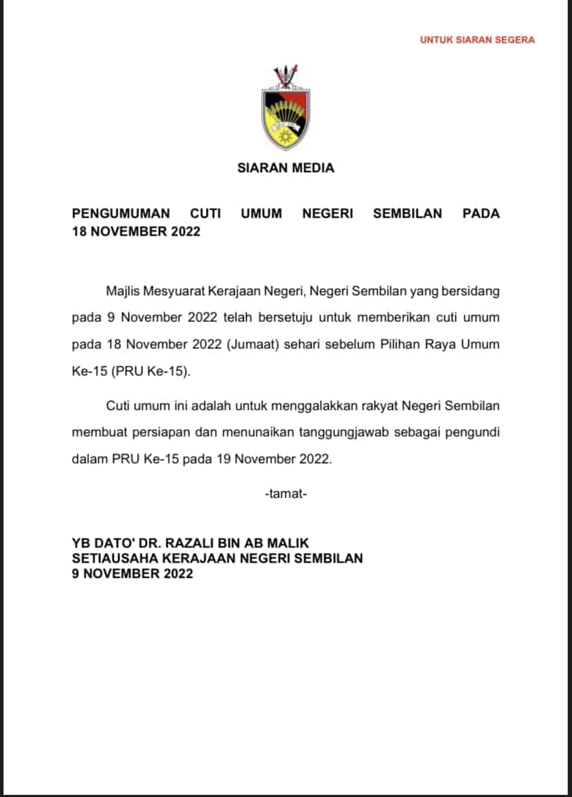 Negeri Sembilan Cuti 18 November 2022 Sempena PRU15