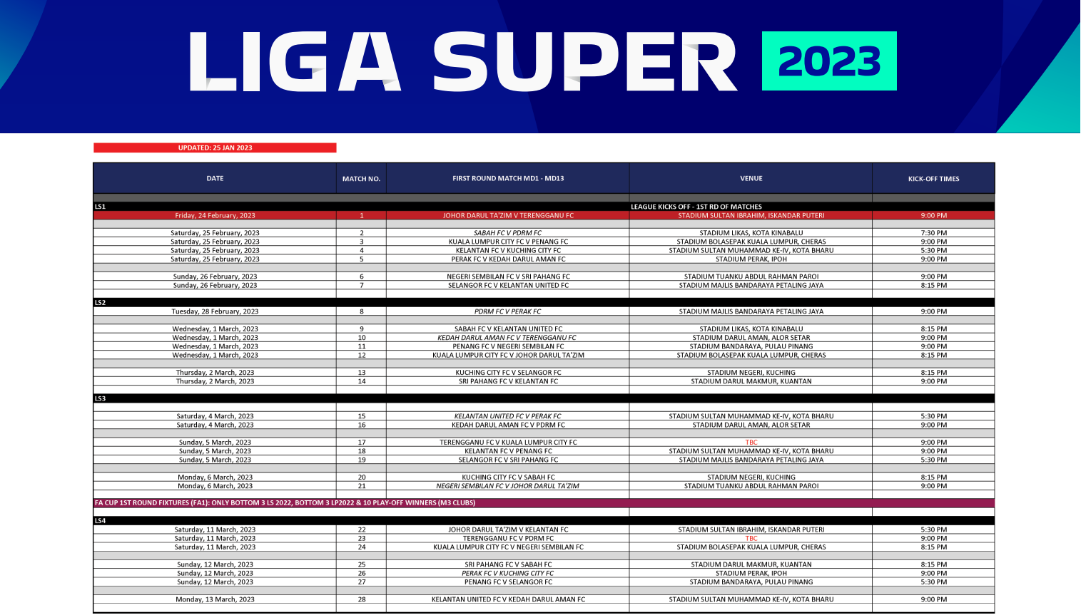 jadual liga super 2023