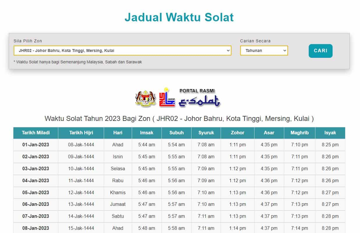 Takwim Waktu Solat Johor 2023 / 1444H