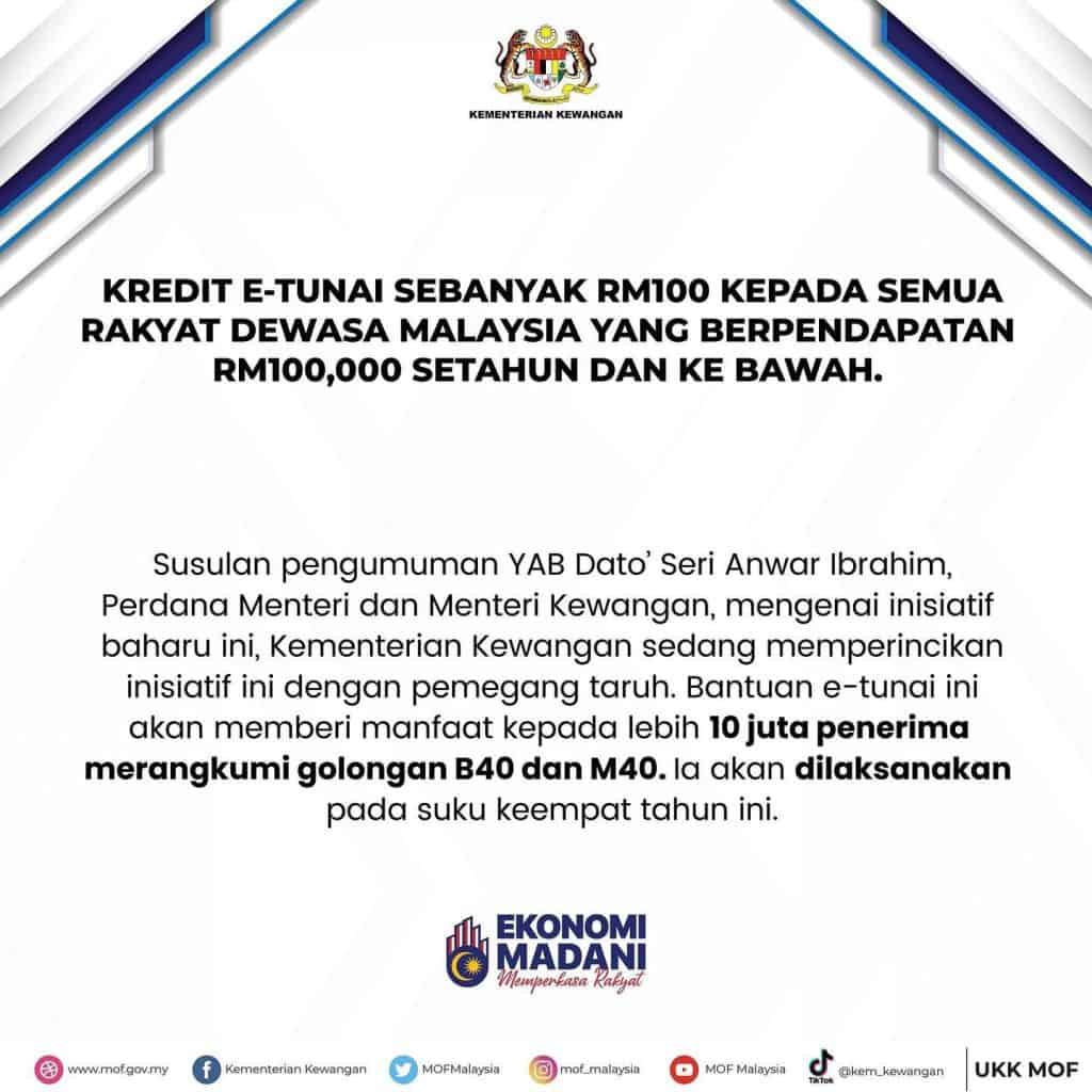 Kredit ETunai RM100 Untuk B40, M40 : Tarikh & Penebusan