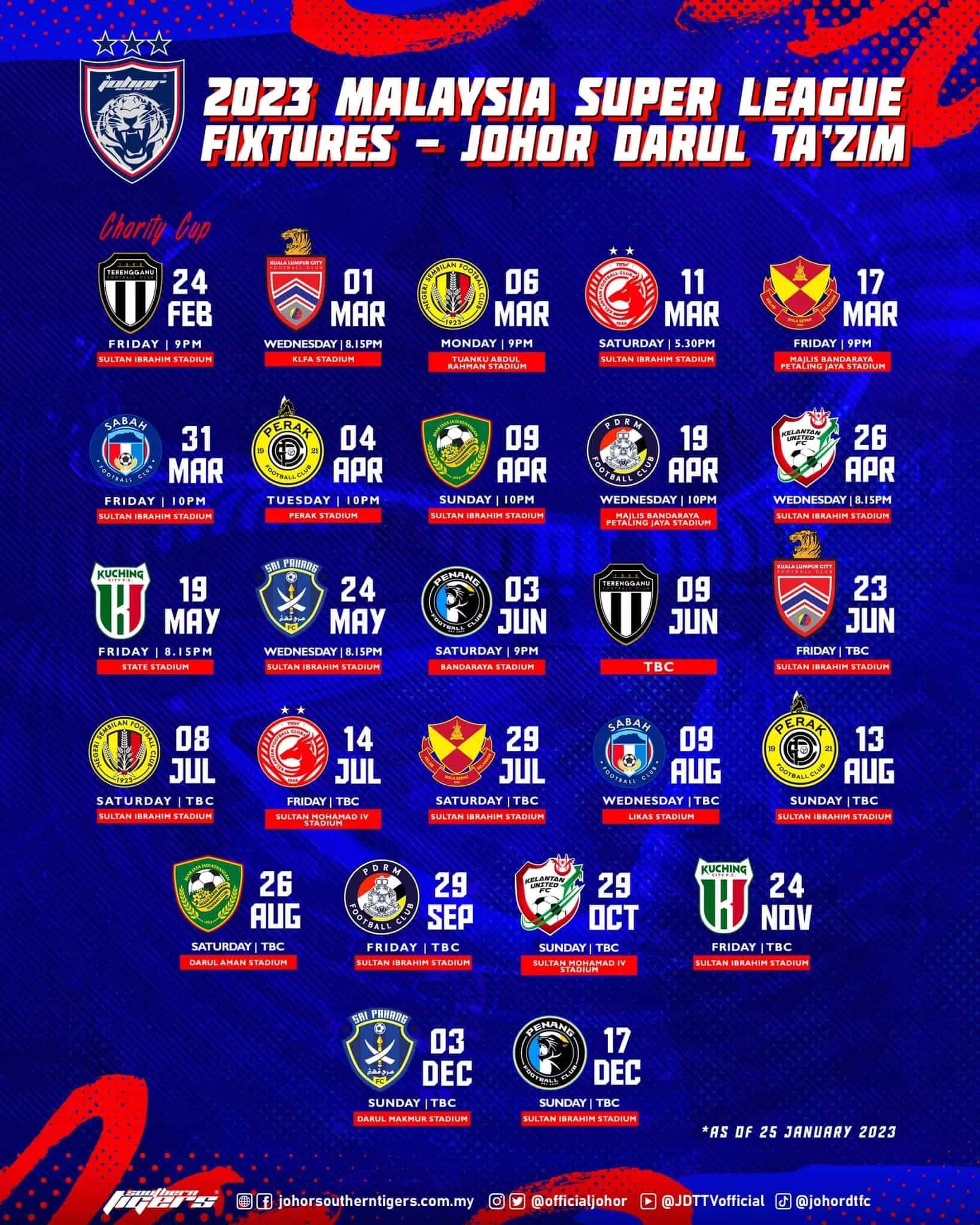 Jadual Perlawanan JDT 2023 Tempatan / Antarabangsa