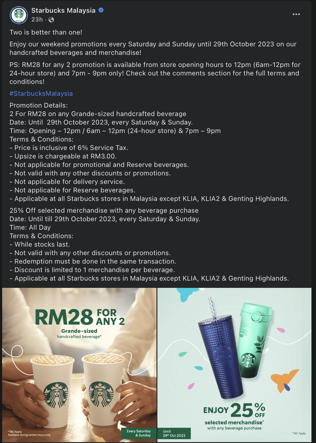 Promo Starbucks RM28 For 2 (Hingga 29 Oktober 2023)