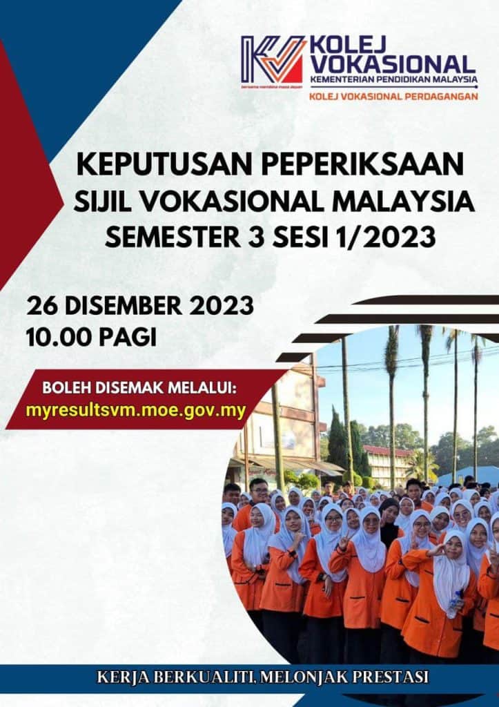Keputusan Peperiksaan Sijil Vokasional Malaysia Semester 3 Sesi 1/2023 