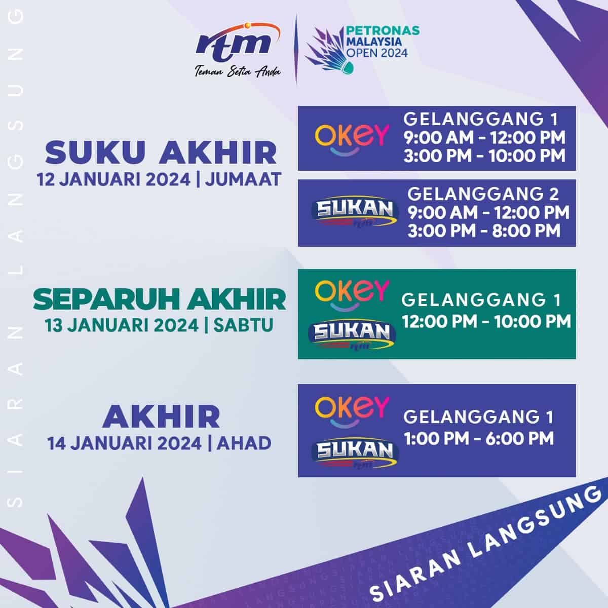 LIVE Badminton Terbuka Malaysia 2024 (Malaysia Open) & Jadual