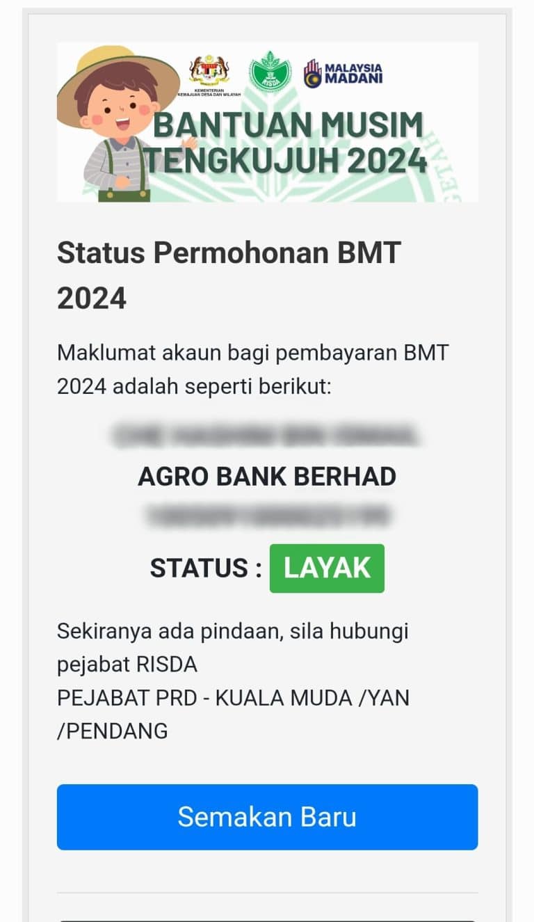 Semakan BMT RISDA (Bantuan Musim Tengkujuh 2024)