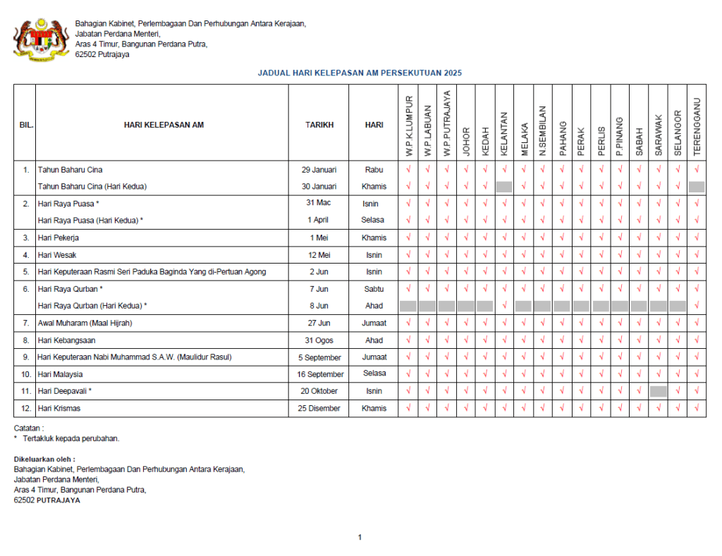 JADUAL HARI KELEPASAN AM PERSEKUTUAN 2025