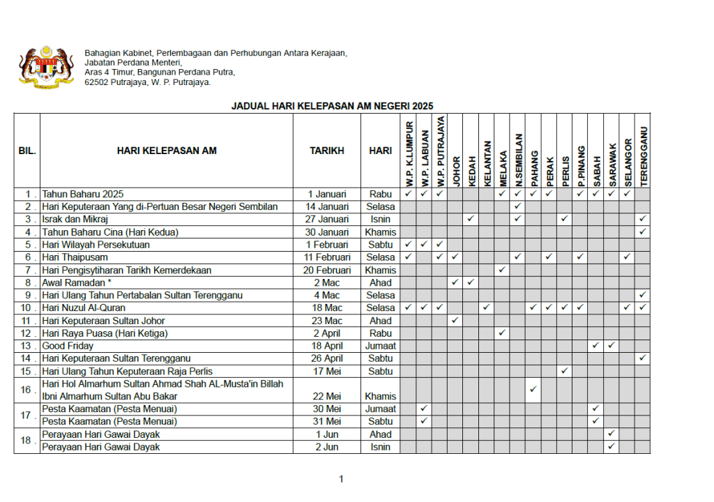 JADUAL HARI KELEPASAN AM NEGERI 2025