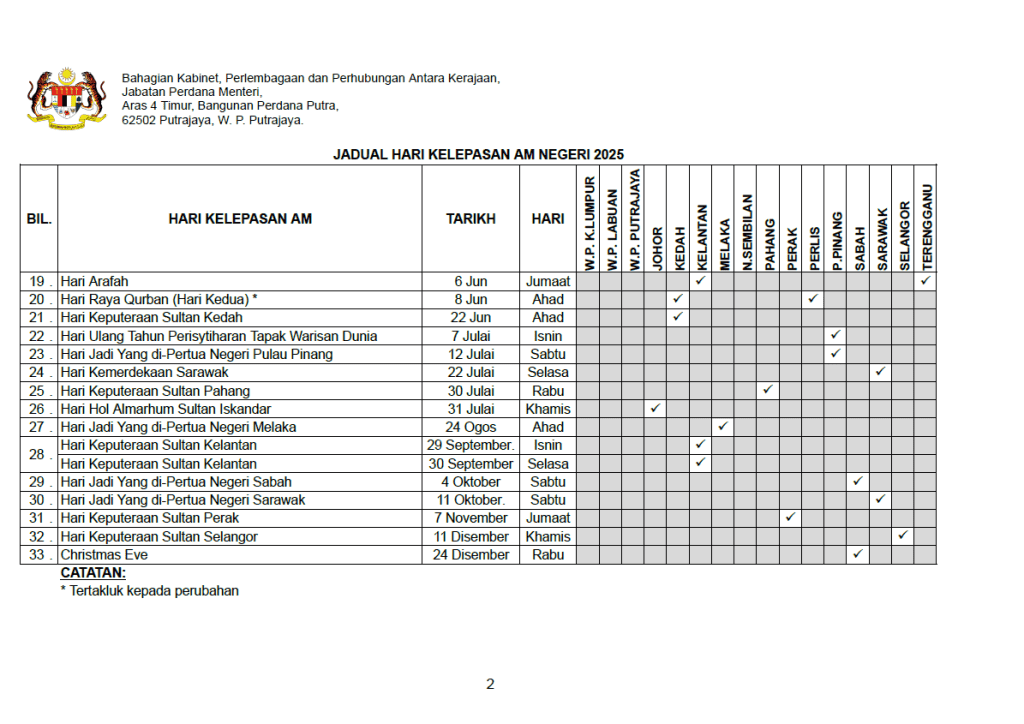 JADUAL HARI KELEPASAN AM NEGERI