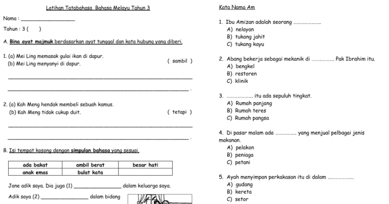 latihan bahasa melayu tahun 3