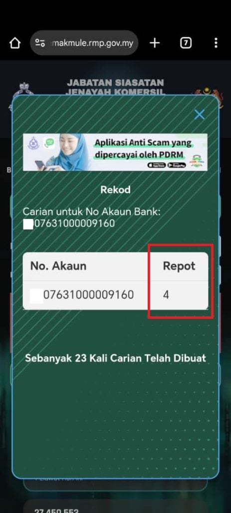 Check Scammer online pdrm semakmule