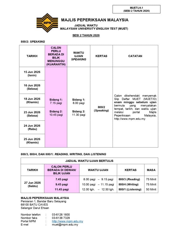 Jadual Waktu Ujian MUET 2026 (Sesi 2)