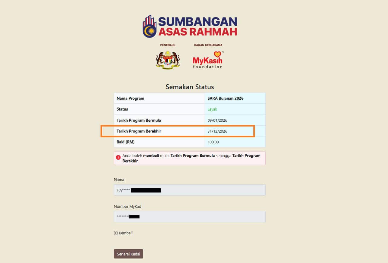 MYSARA check mykasih balance semakan baki