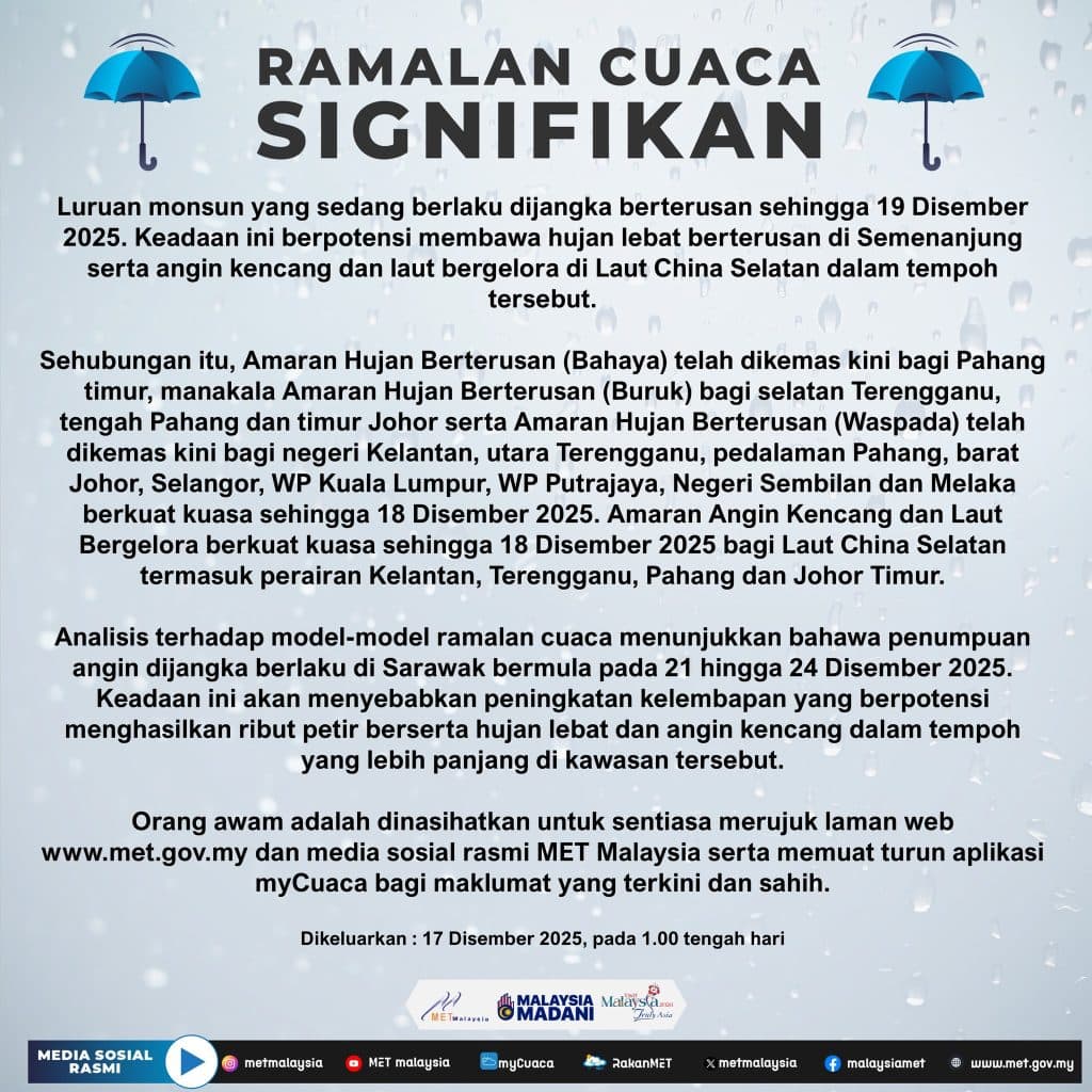 amaran hujan berterusan banjir kuantan kelantan terengganu johor