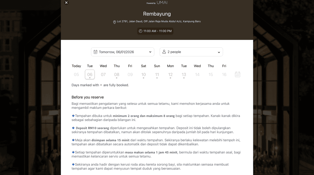 Rembayung rembayung tempahan booking restoran