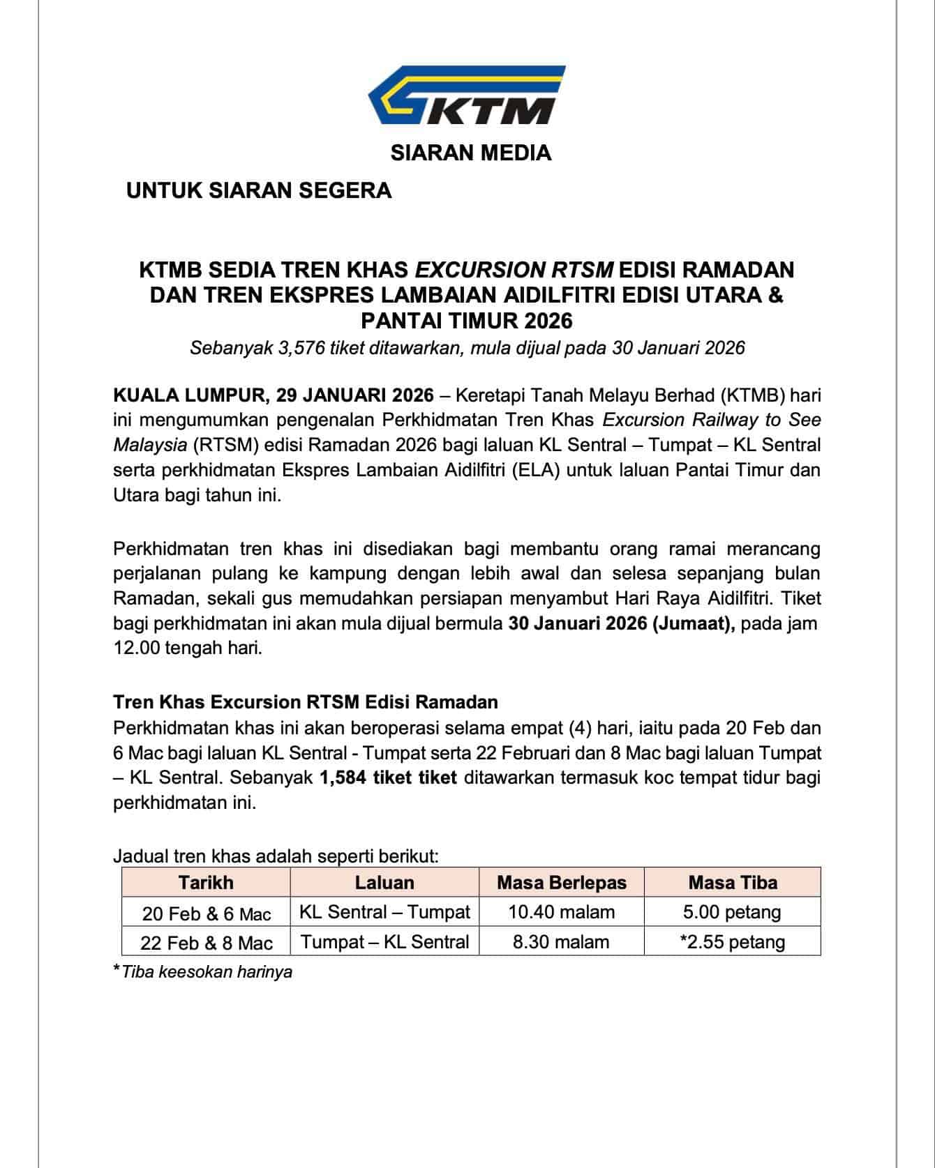 Kereta Api KTMB Istimewa Ramadan dan Hari Raya 2026