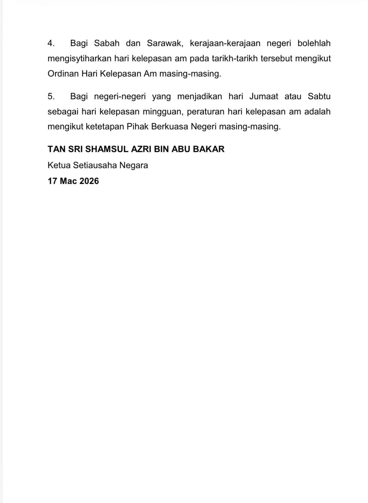 Pengumuman Cuti Tambahan Aidilfitri 20 Mac / 23 Mac 2026 - PM