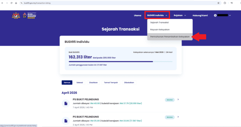 cara mohon tambahan kelayakan budi ron95