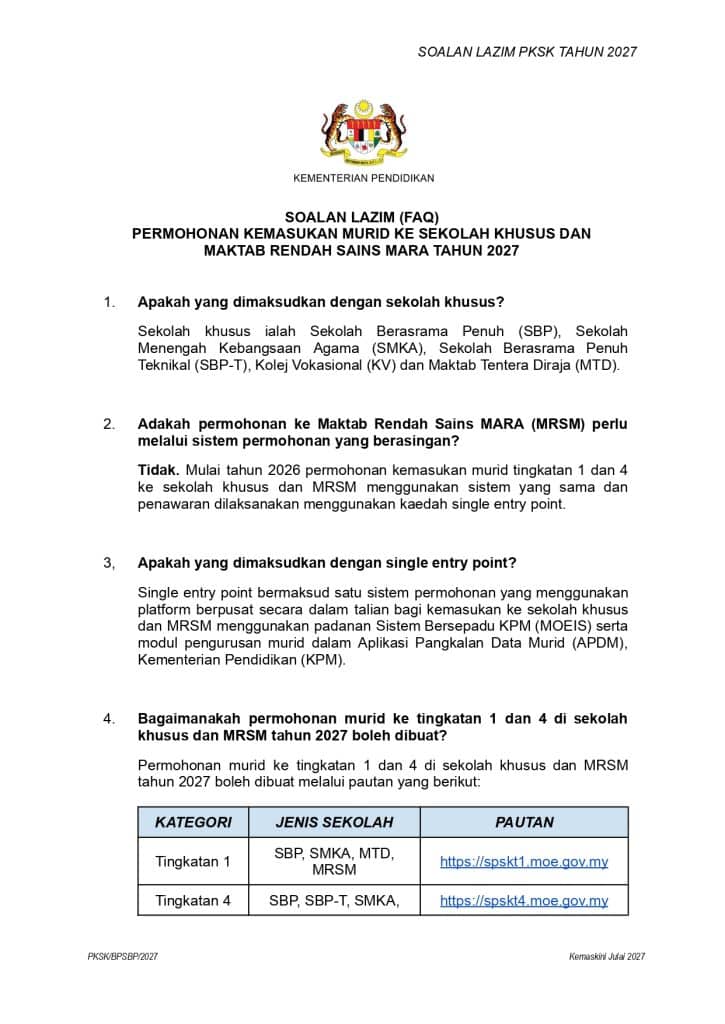 Soalan Lazim Kemasukan SBP MRSM