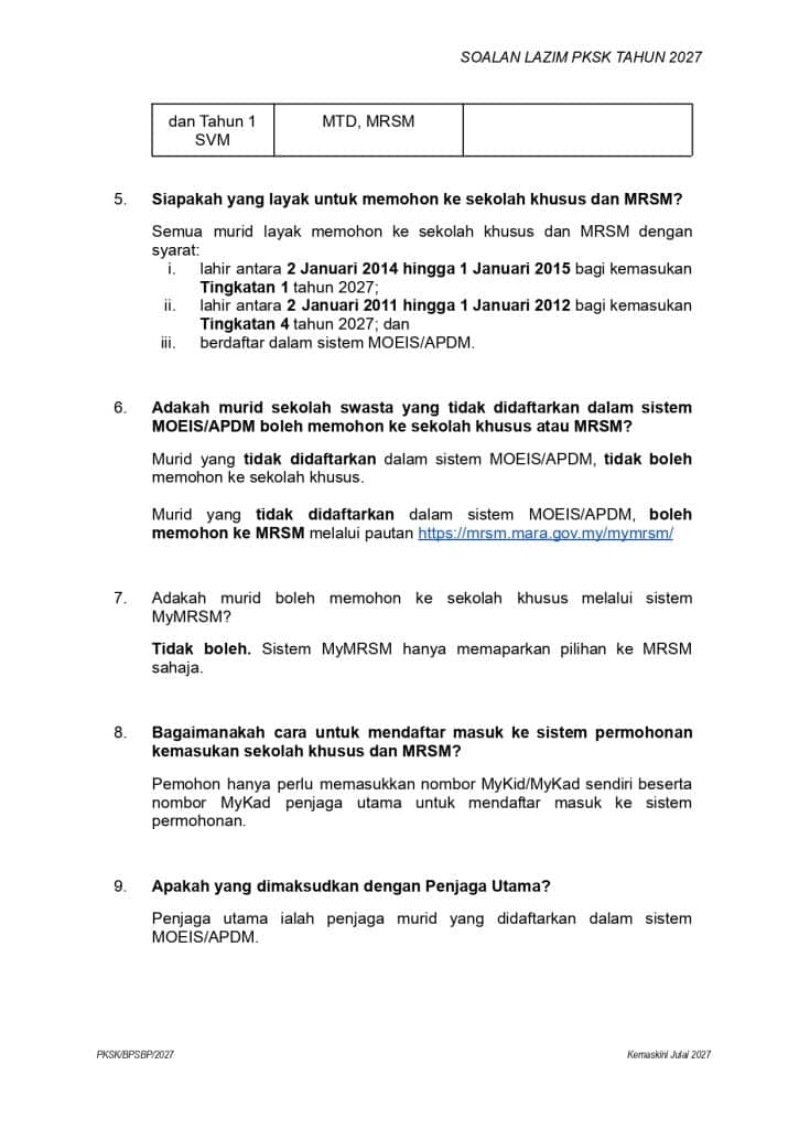 Soalan Lazim Kemasukan SBP MRSM