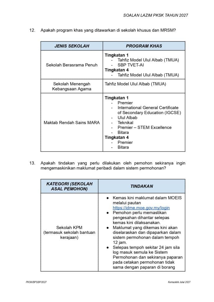 Soalan Lazim Kemasukan SBP MRSM