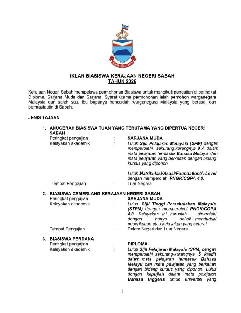 Senarai Biasiswa / Tajaan Pendidikan Rakyat Sabah 2026
