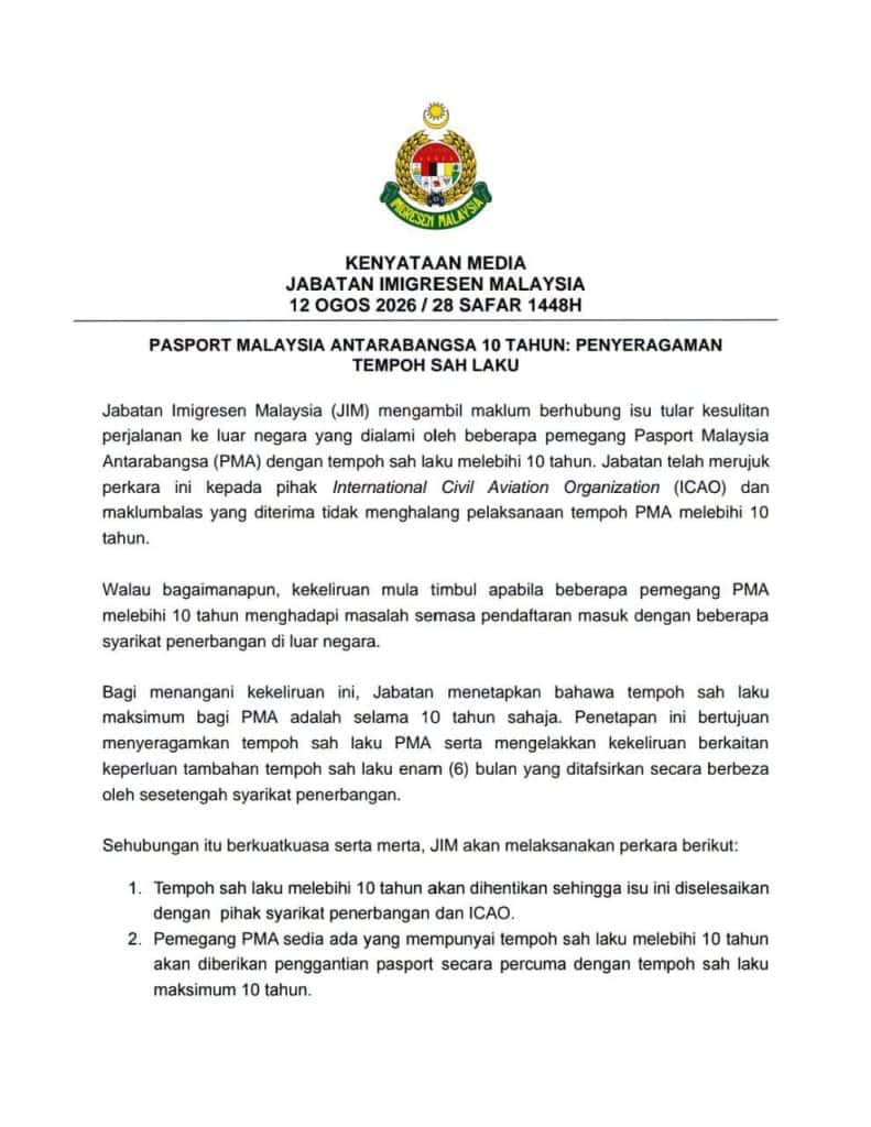 Pasport Malaysia Dengan Sahlaku Melebihi 10 Tahun Dihentikan