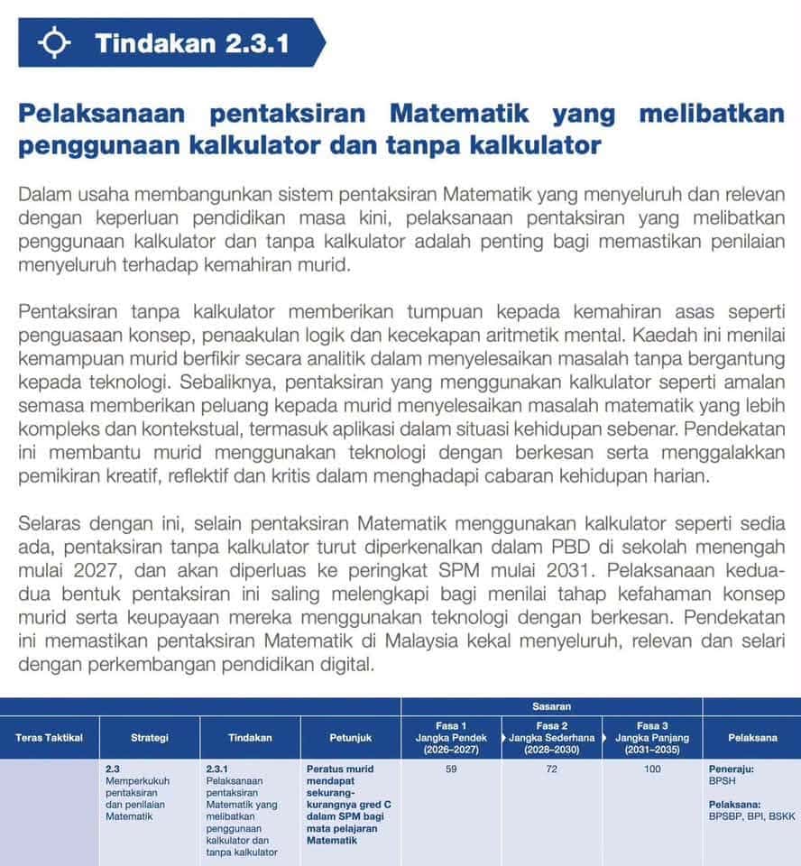 Ujian Matematik KPM Tanpa Kalkulator