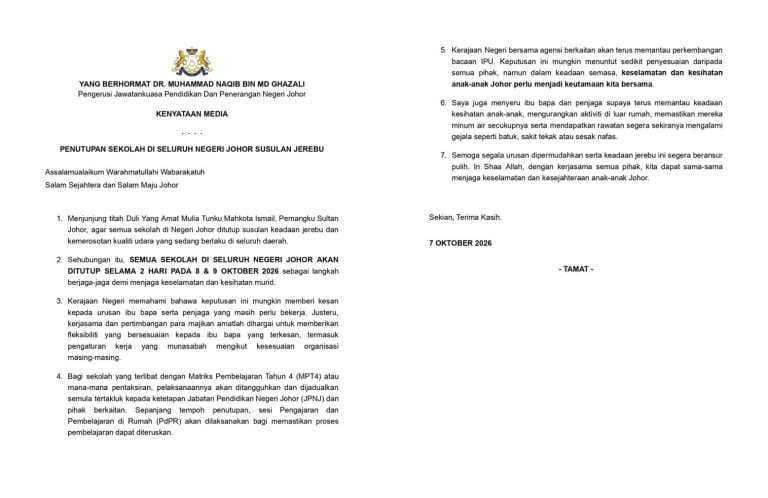penutupan sekolah di johor