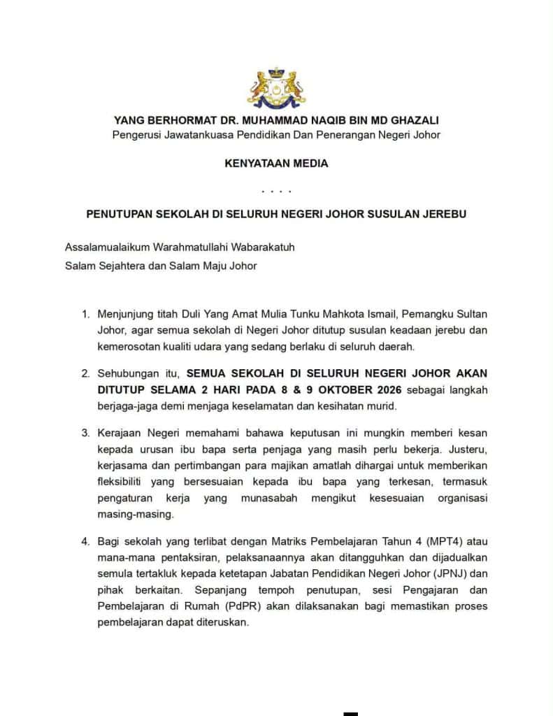 penutupan sekolah di johor